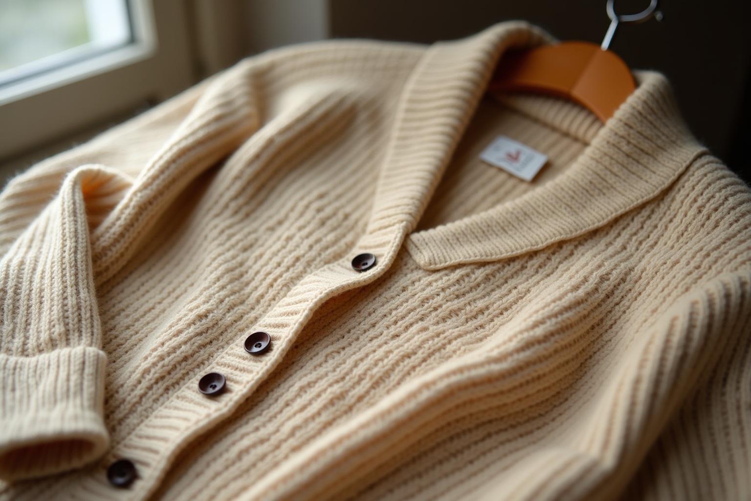 Chandail en tricot beige côtelé avec boutons noirs.