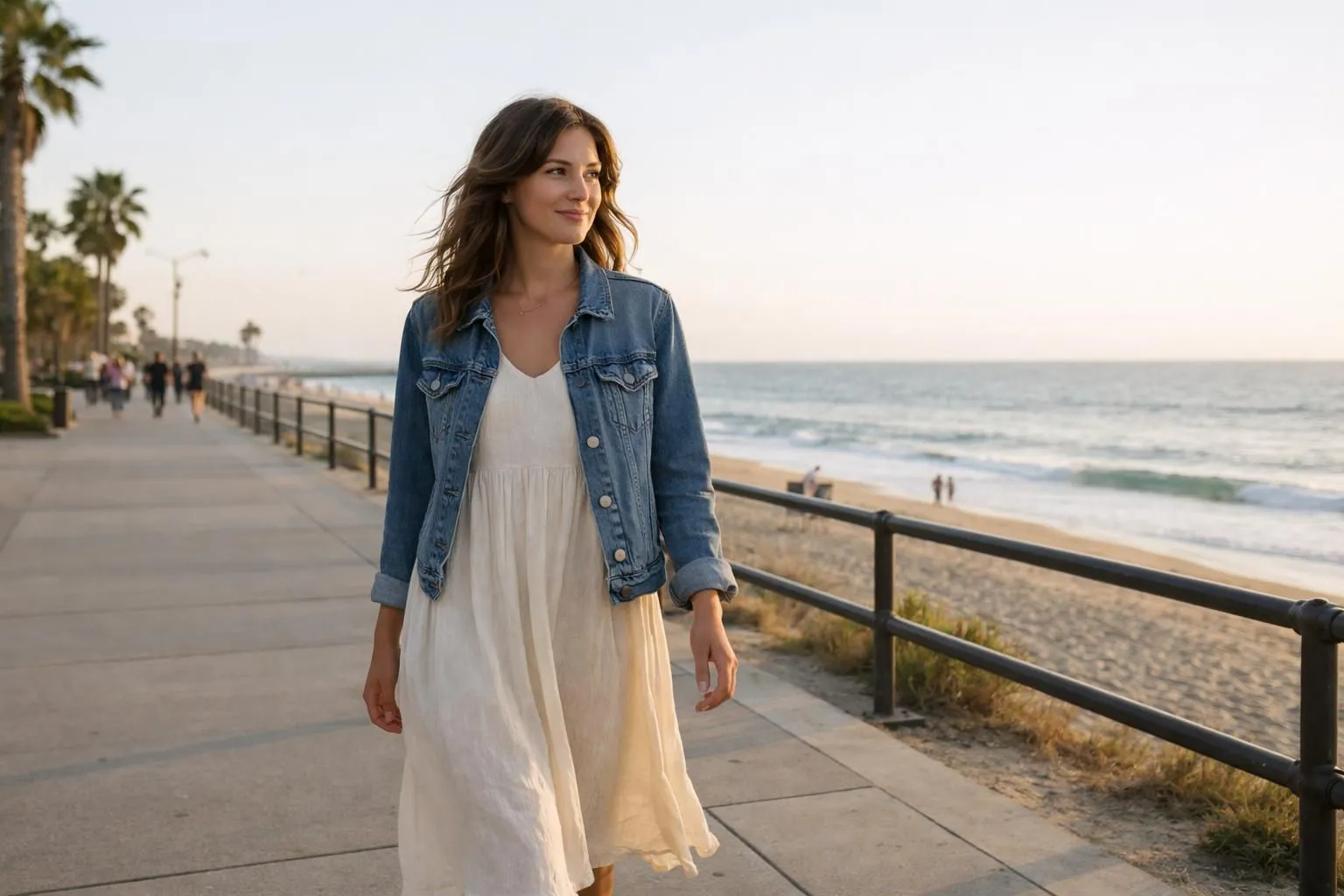 Woman walking along California beach boardwalk wearing flowing linen dress and denim jacket, sunset golden light, relaxed natural pose with ocean in background, bohemian casual aesthetic, no text or logos