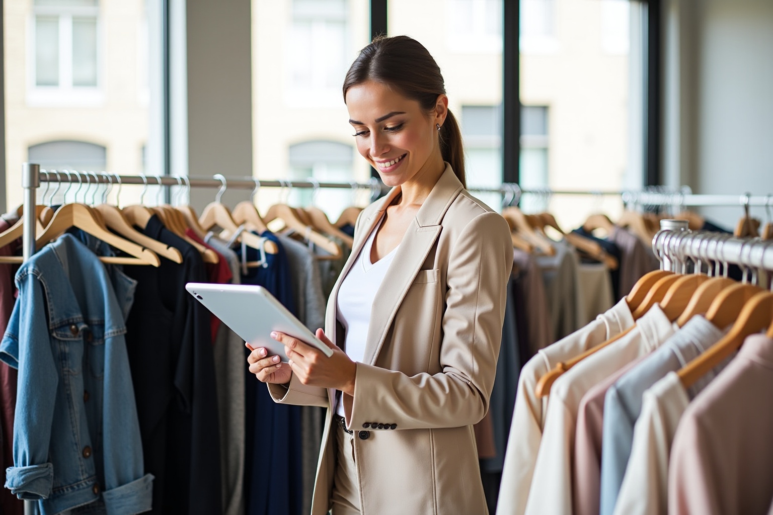 Femme souriante en costume beige utilisant une tablette dans un magasin de vêtements.