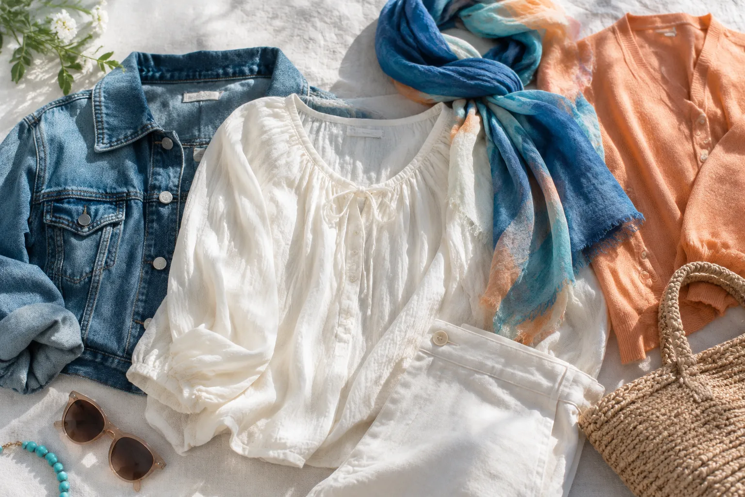 Tenues estivales, foulard bleu, lunettes et sac tressé.