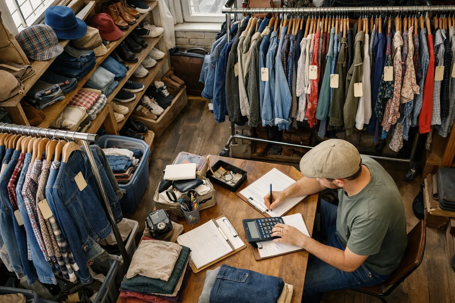 Behind-the-scenes vintage clothing shop storage room with clothing racks filled with garments, price tags visible, owner calculating prices at desk with calculator and inventory sheets, authentic small business atmosphere, natural lighting through window, organized vintage items on shelves