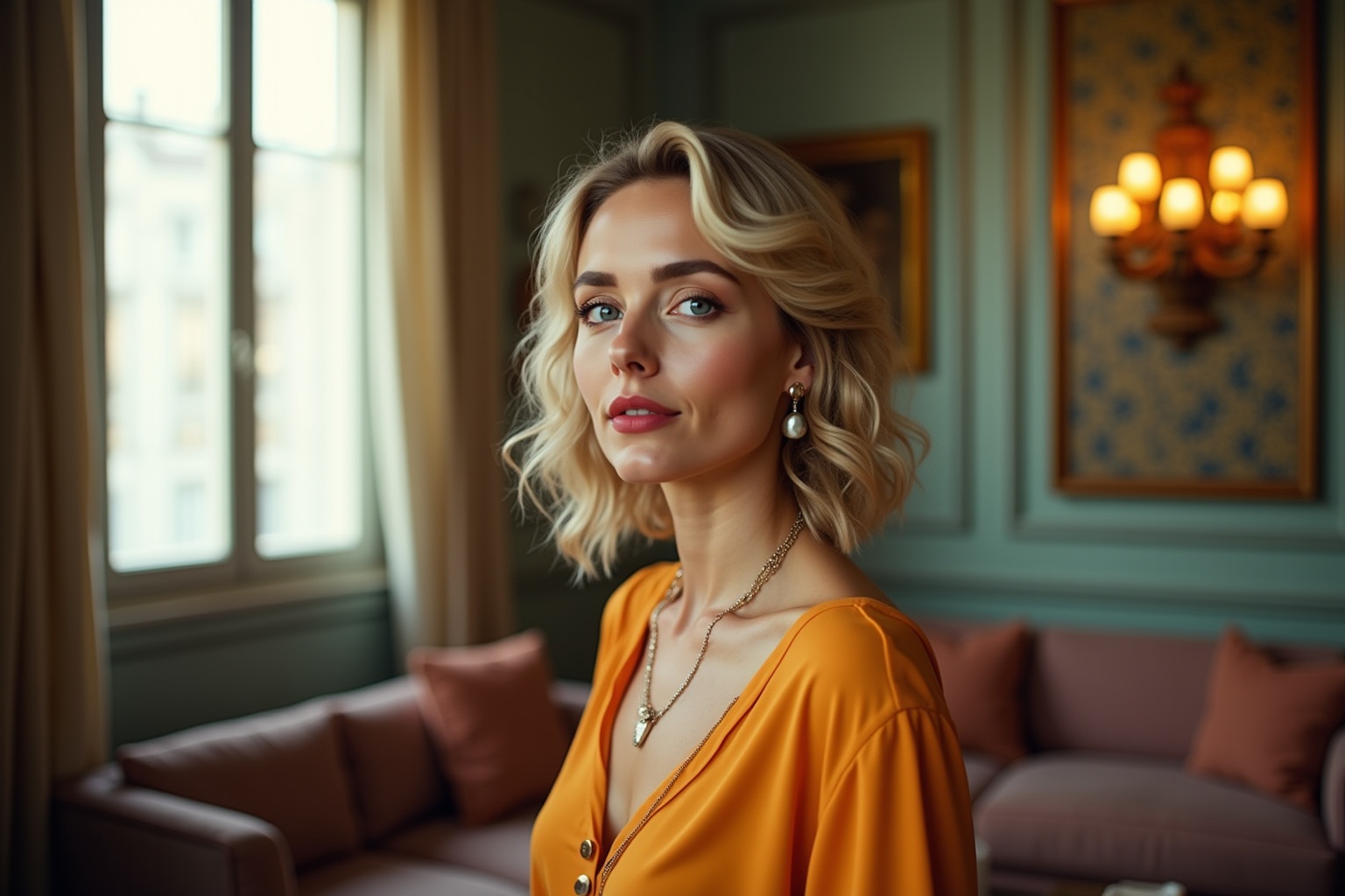Femme blonde aux yeux bleus portant un chemisier jaune dans un intérieur élégant.