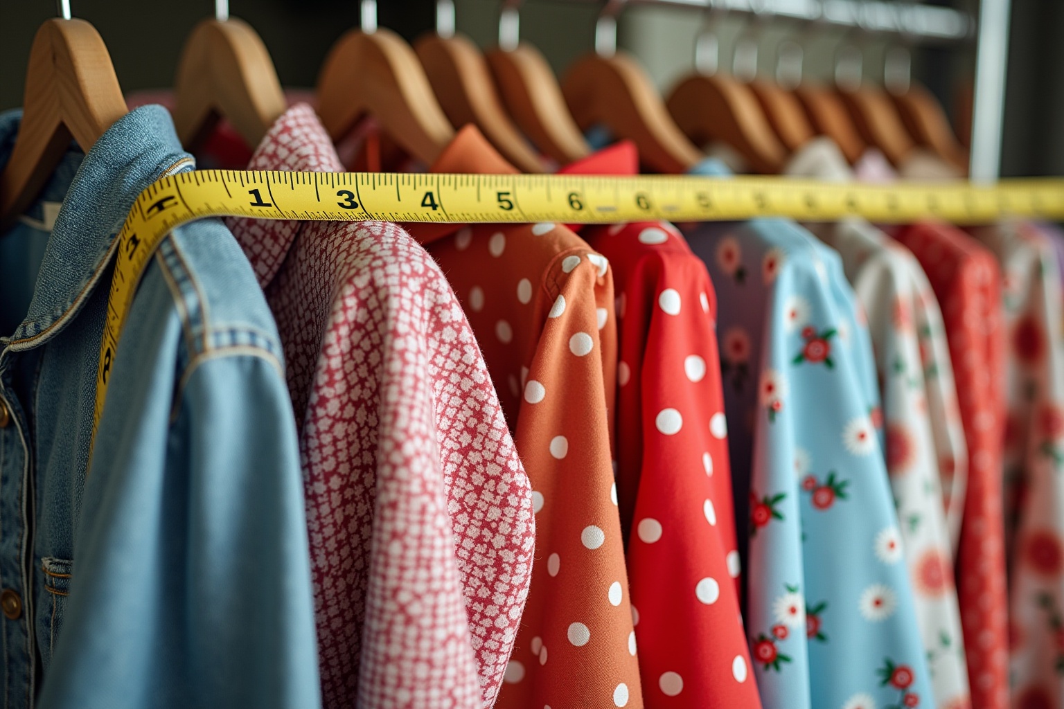 Vêtements colorés et motifs variés sur des cintres avec ruban à mesurer.
