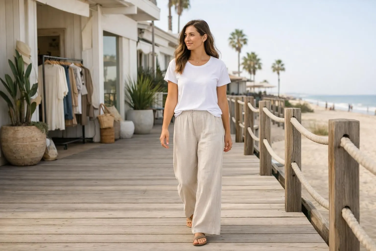 Woman in her 30s wearing casual California-inspired fashion, flowing linen pants and relaxed white t-shirt, walking confidently on a sunny boardwalk with palm trees, natural lighting and effortless style, representing boutique de vêtements femme californienne aesthetic