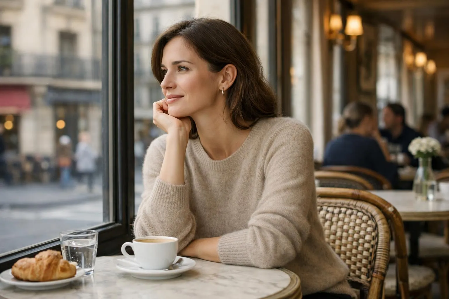 Femme pensive dans un café parisien, savourant une pause.