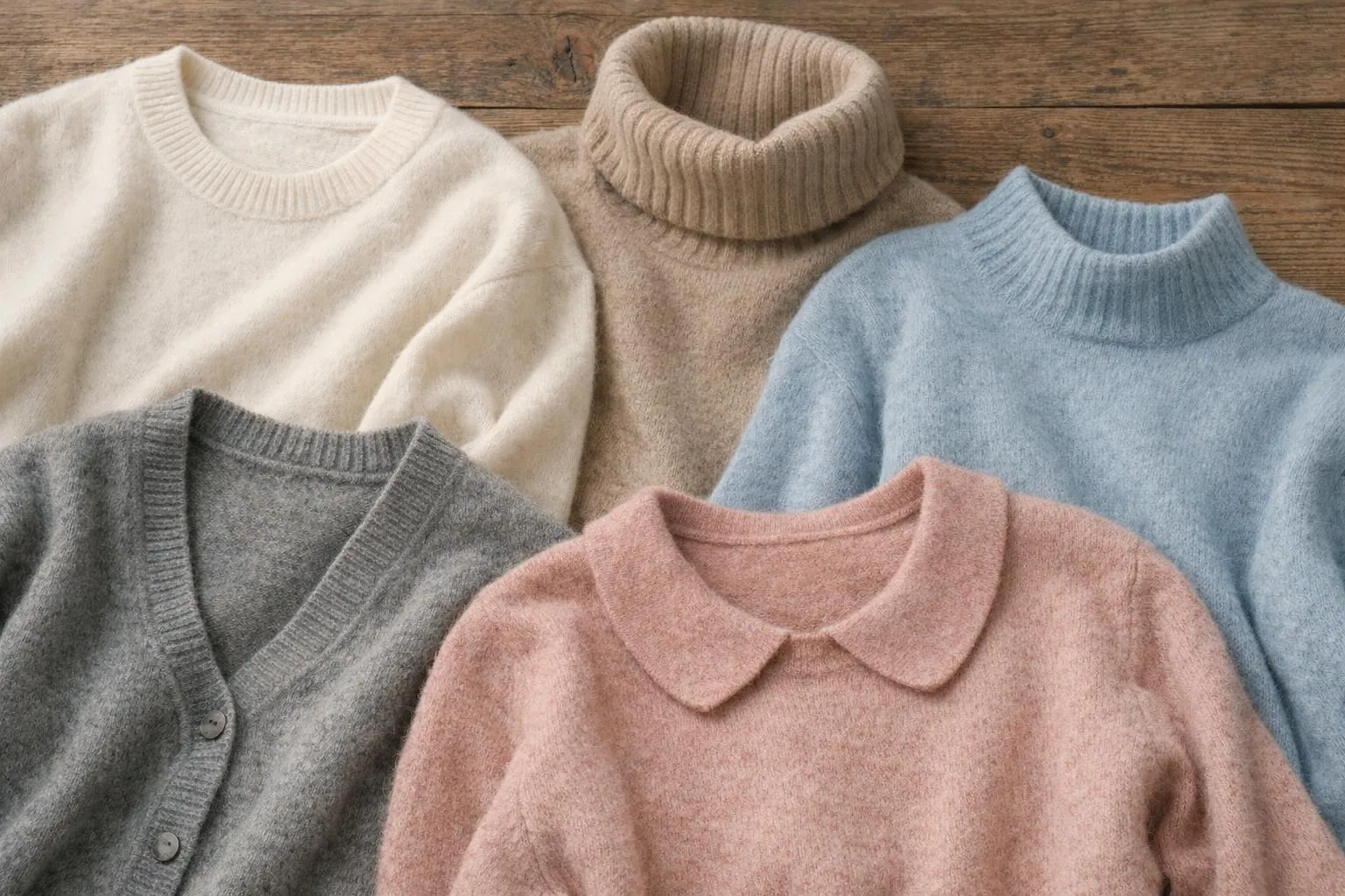 Pulls en tricot de différentes couleurs et textures.