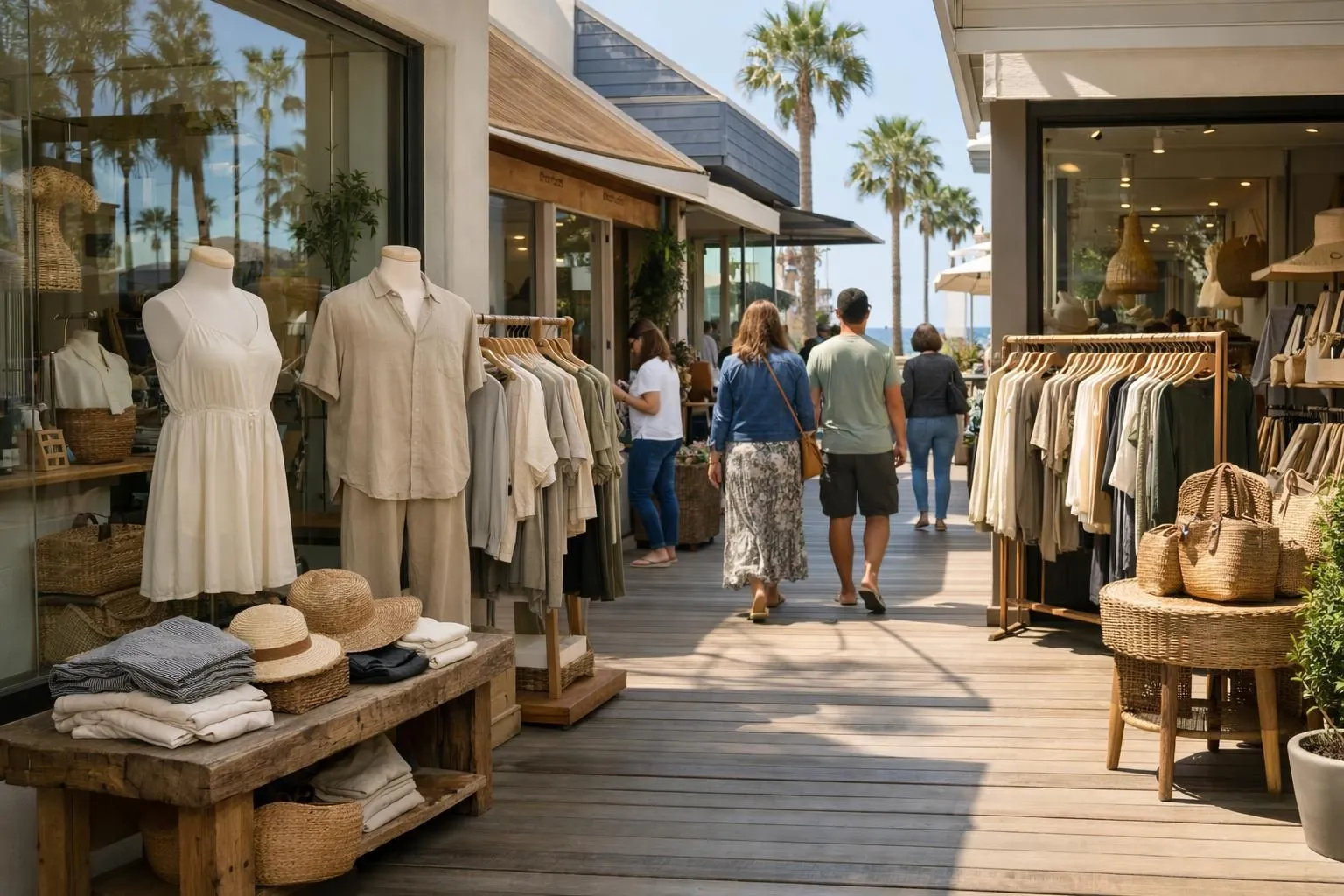 Coastal California fashion district with sustainable boutiques featuring natural cotton displays and organic clothing racks, palm trees visible through storefront windows, shoppers browsing ethical fashion pieces, warm sunlight highlighting eco-friendly materials and West Coast relaxed aesthetic