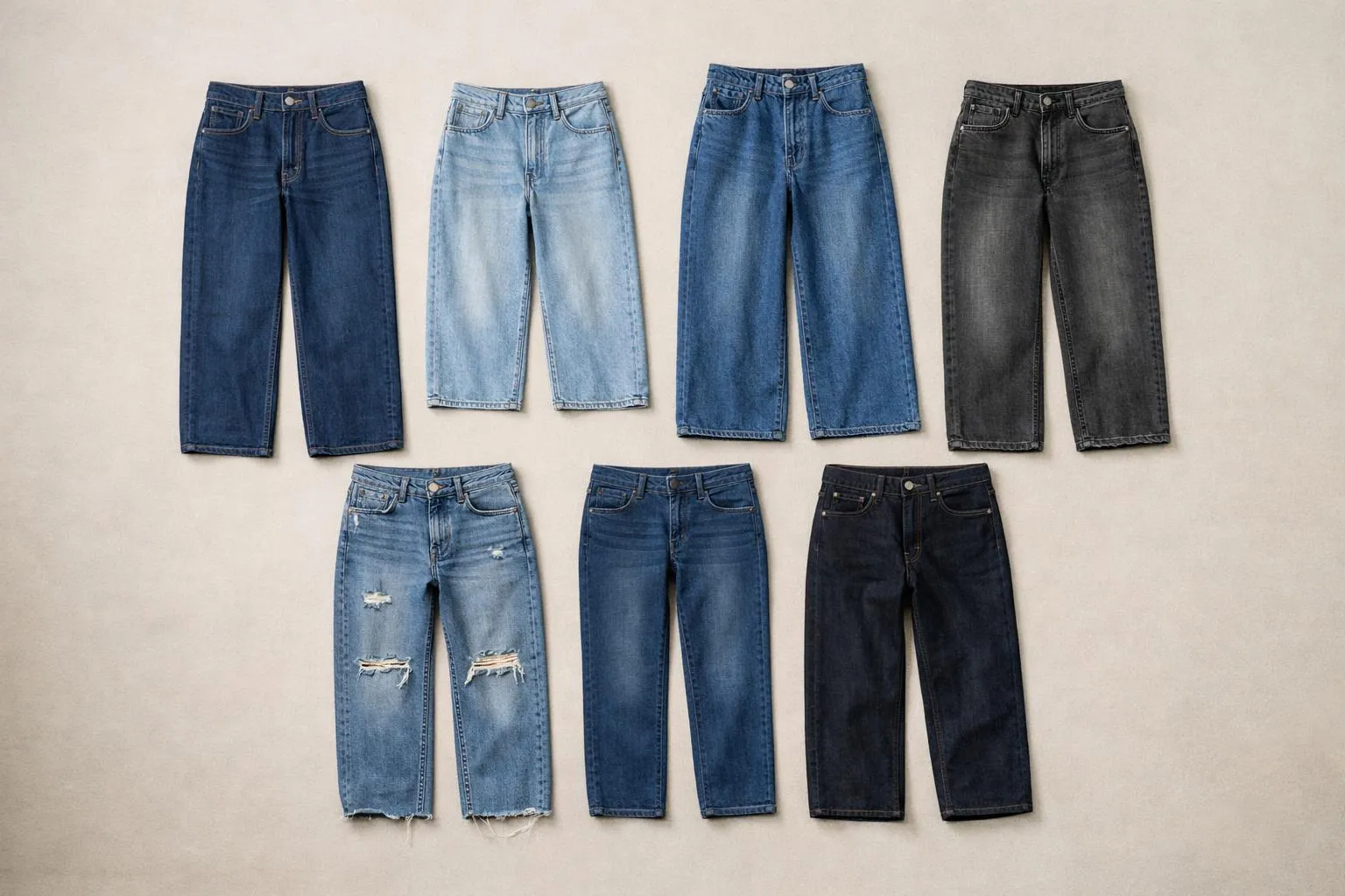 Variété de jeans de différentes couleurs et styles.