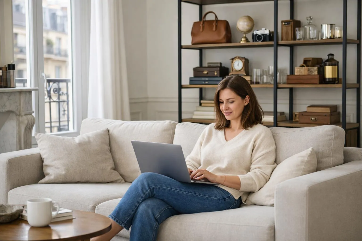 Woman in her 30s sitting on modern sofa with laptop showing luxury vintage clothing website, elegant Parisian apartment with natural light streaming through tall windows, carefully curated designer handbags and silk scarves displayed on minimalist shelf beside her, warm afternoon atmosphere