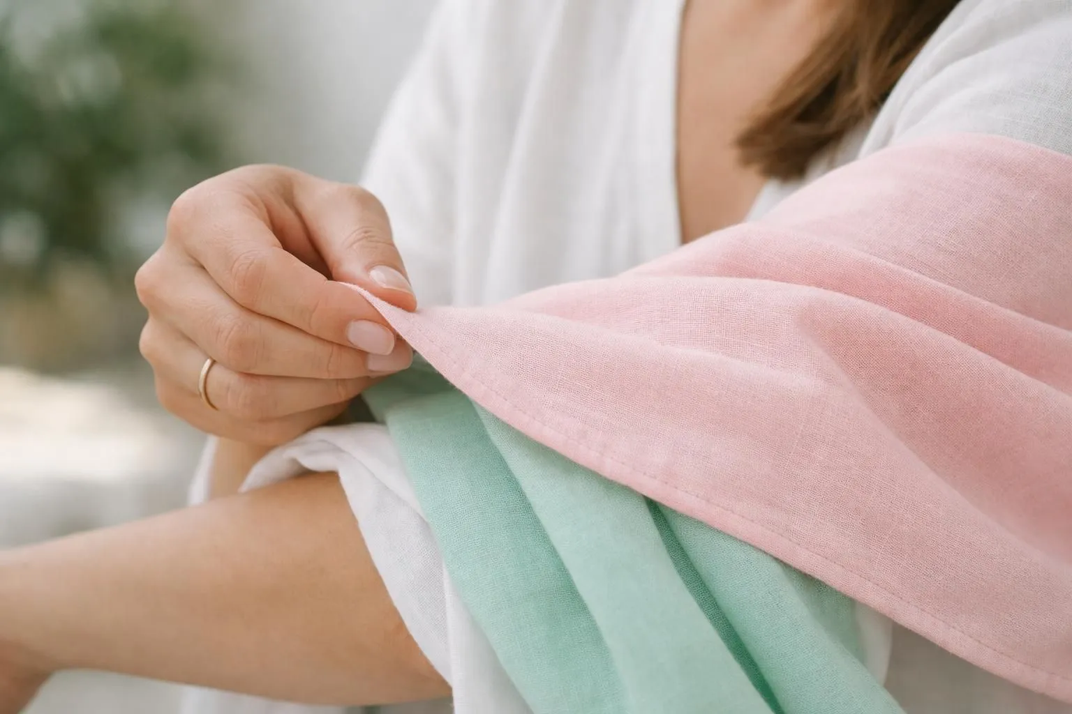 Close-up photograph of a woman's hands examining the seam and fabric texture of a quality cotton garment, showing careful inspection of stitching details in natural daylight, with the garment draped over her forearm to test drape and weight