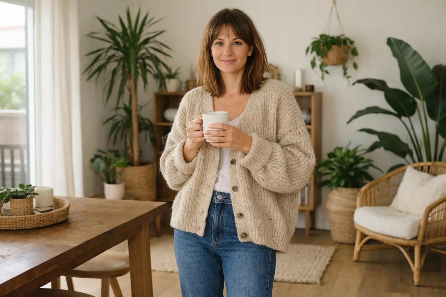 Femme souriante dans un intérieur cosy, tenant une tasse de boisson.