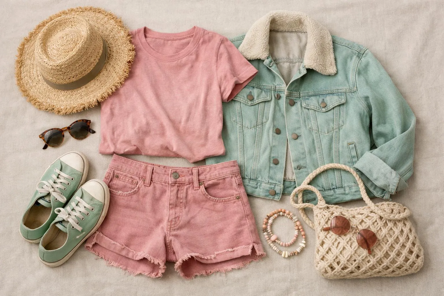 Vêtements et accessoires d'été pastel, chapeau de paille, lunettes de soleil.