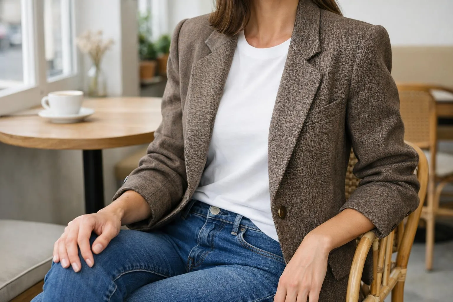 Femme portant un blazer marron, un t-shirt blanc et un jean.