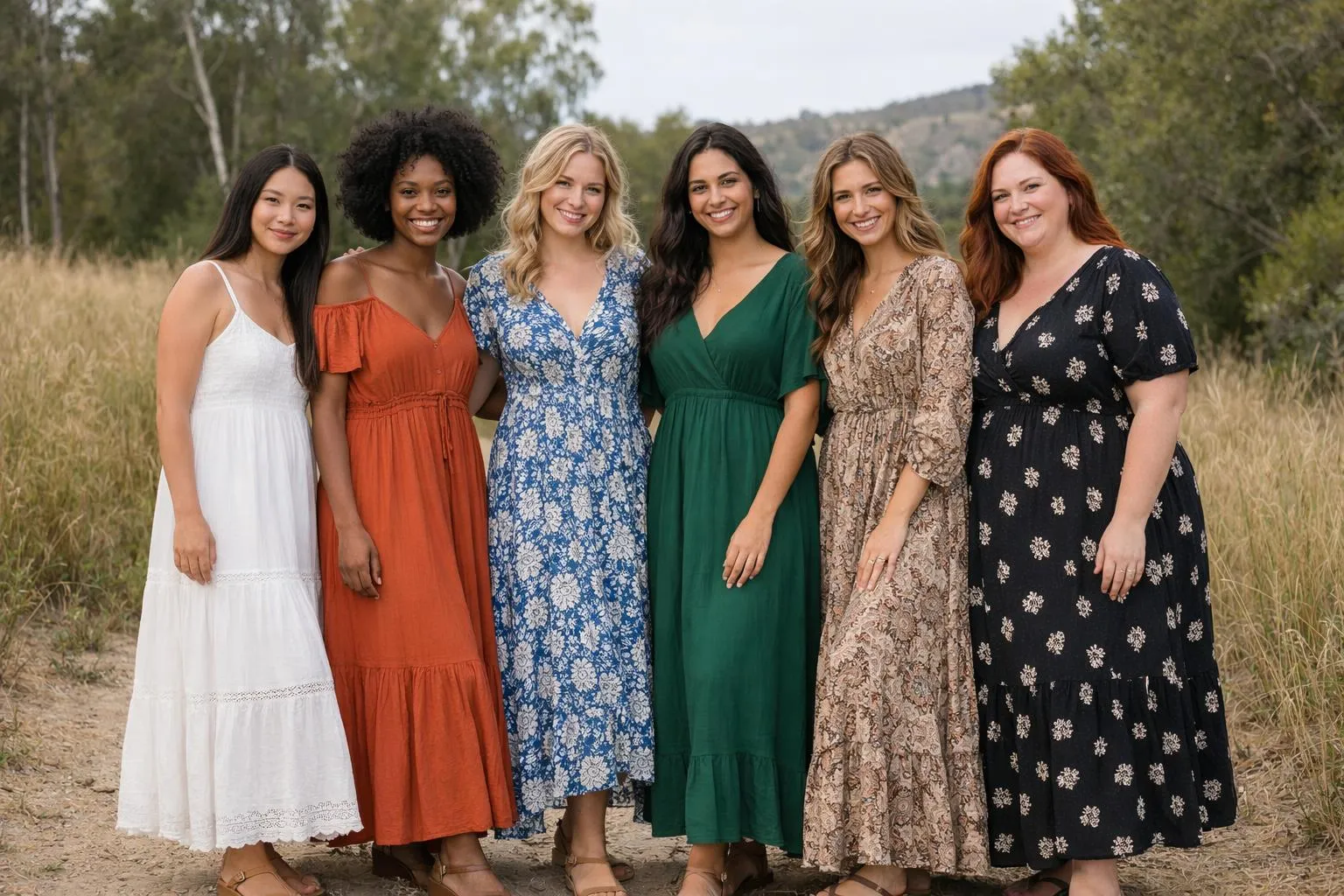 Groupe de femmes vêtues de robes colorées dans un cadre naturel.