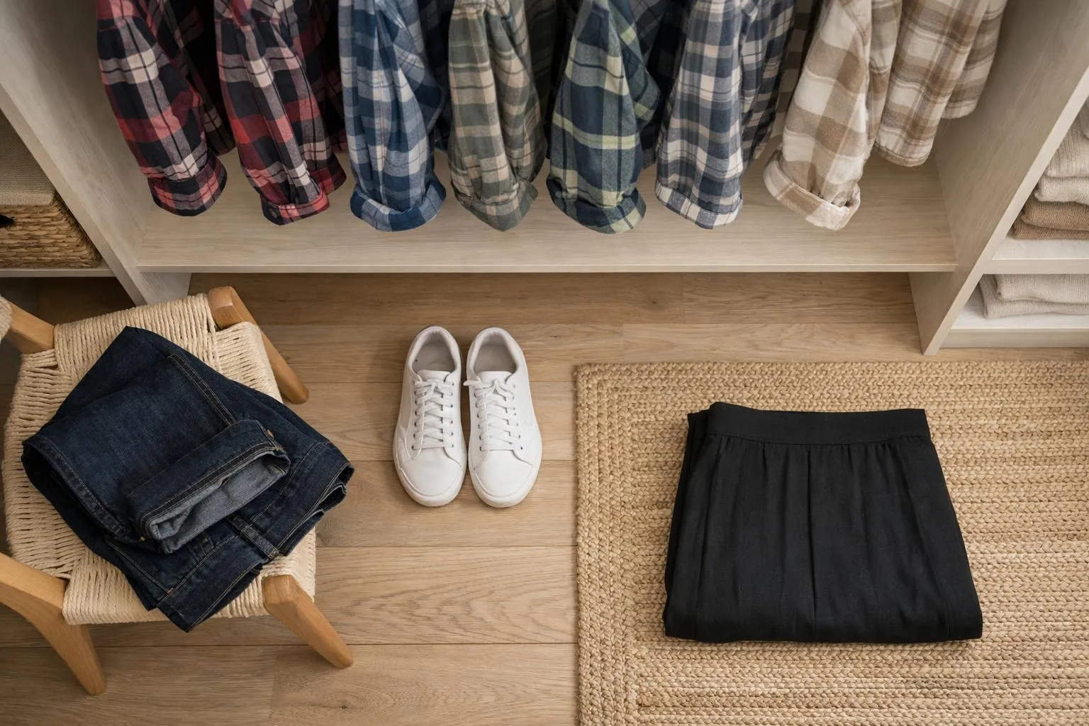 Vêtements et accessoires rangés dans une armoire.