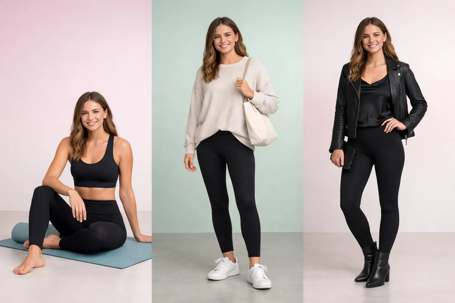 Woman in stylish black leggings styled three different ways side by side: yoga mat with cropped hoodie, casual cafe setting with oversized beige sweater and sneakers, evening shopping scene with silk cami and leather jacket, showing versatility of the black legging as foundation piece for Californian-inspired fashion looks