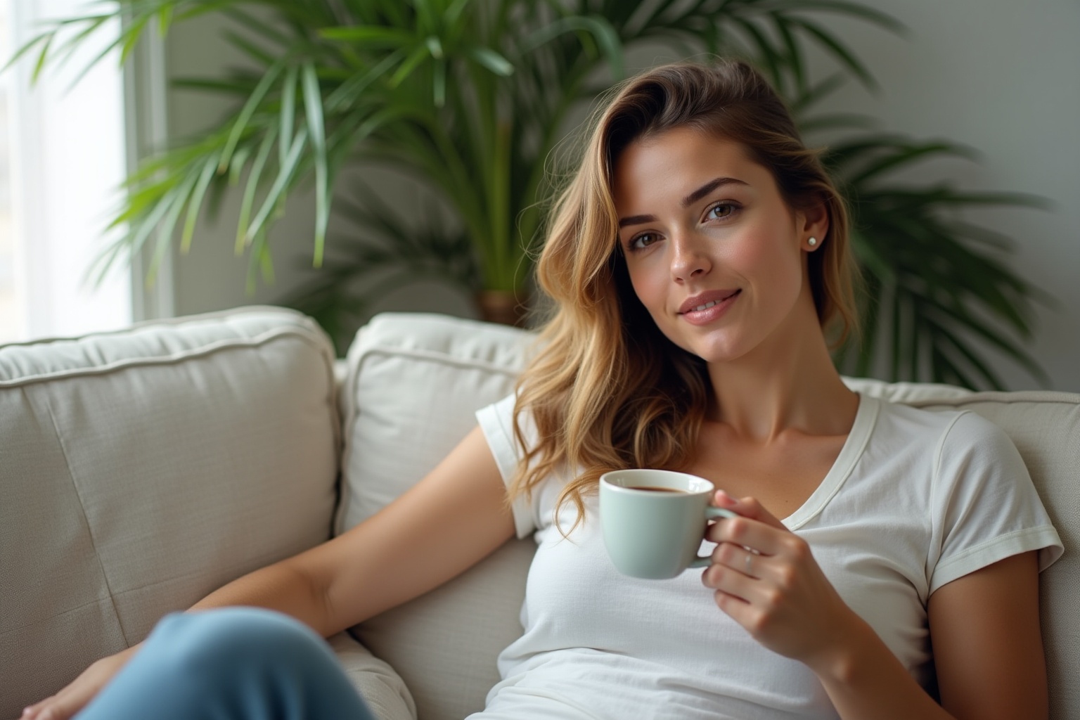 Jeune femme souriante buvant une tasse de café dans un salon confortable.