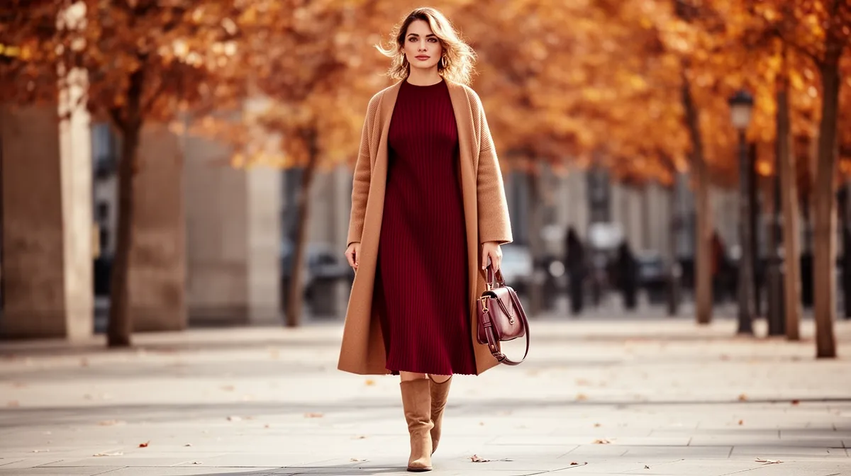 Femme élégante en manteau beige marchant dans un parc automnal.