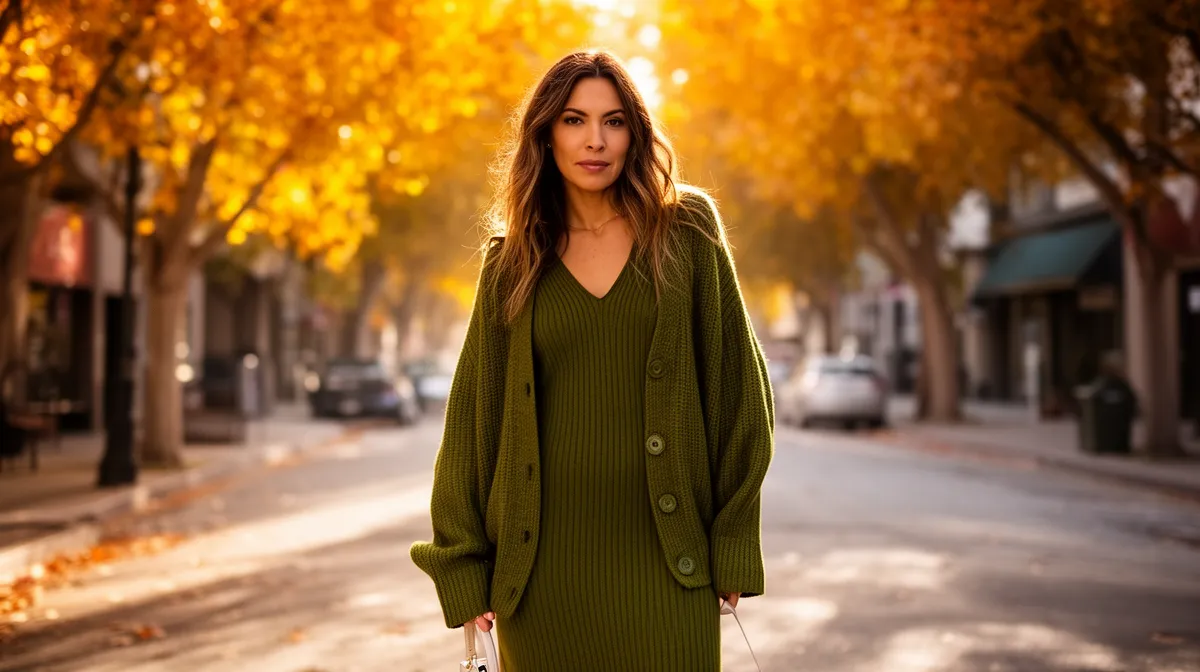 Femme élégante en robe verte marchant dans un paysage automnal.