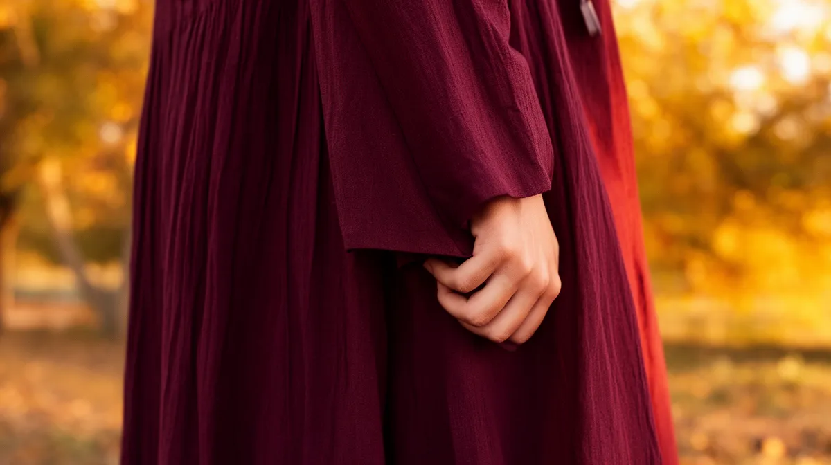 Robe bourgogne plissée dans un décor automnal.