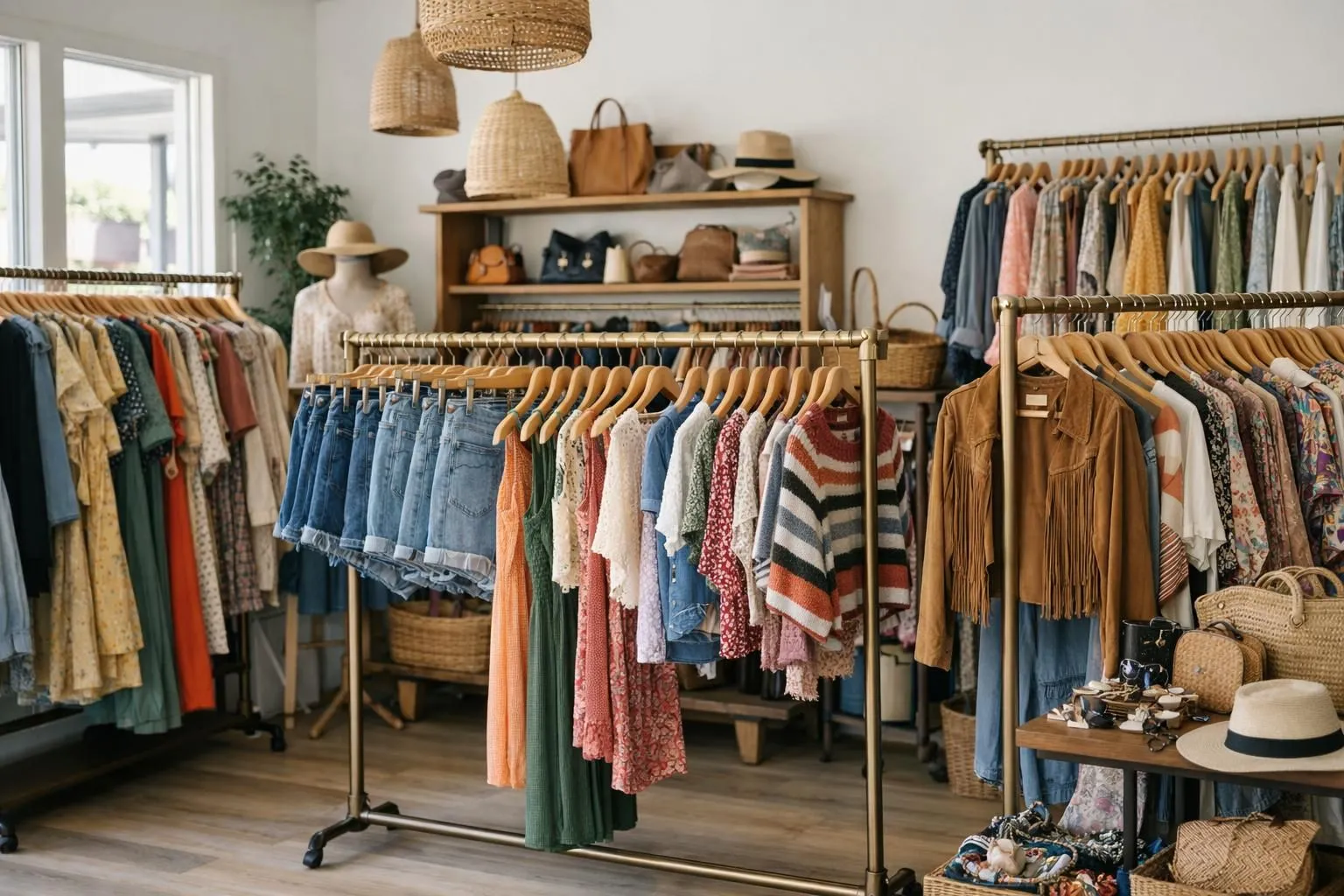 Boutique vintage moderne avec vêtements féminins californiens suspendus sur des portants, lumière naturelle, détaillante souriante organisant des pièces rétro colorées, ambiance entrepreneuriale et authentique