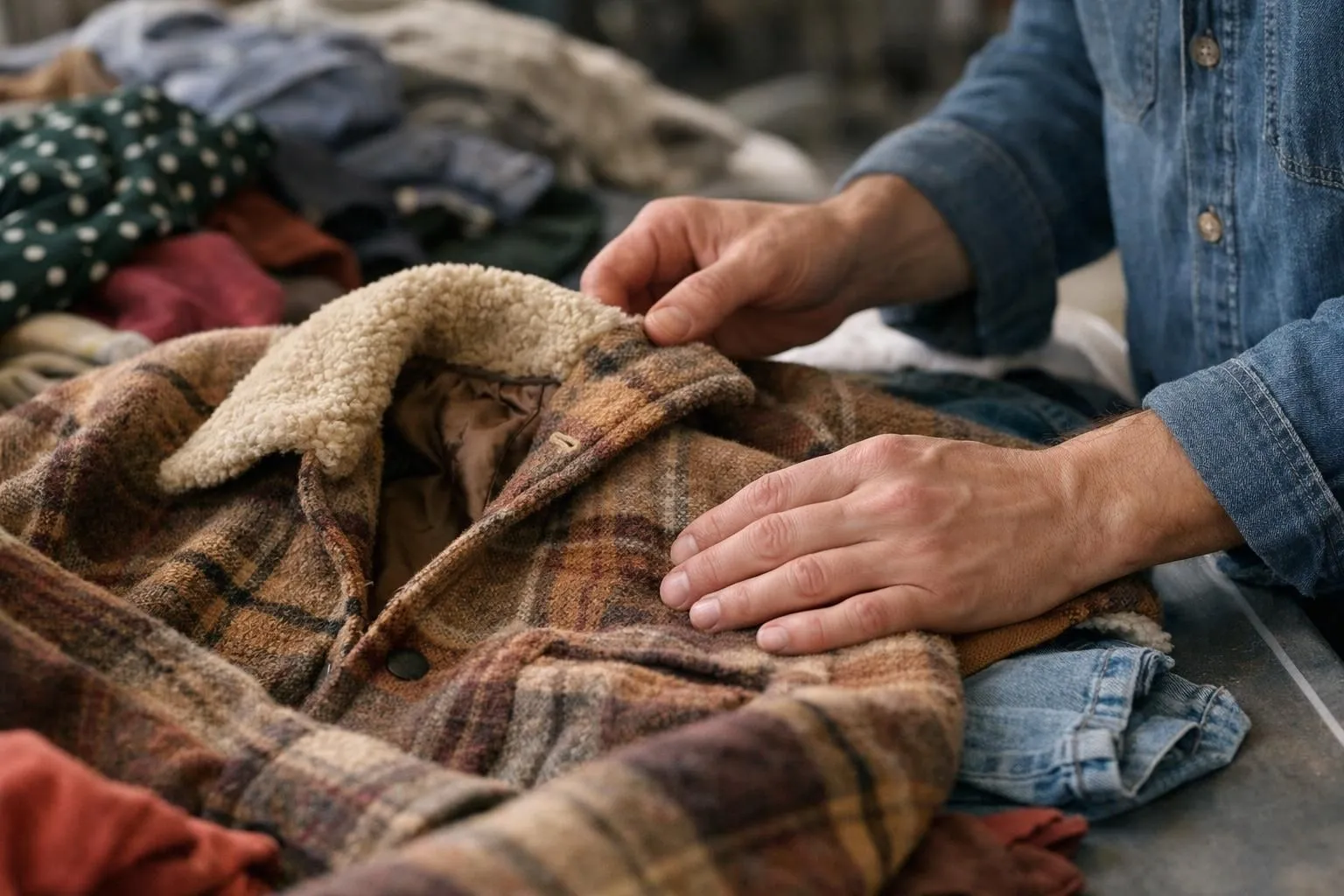 Intérieur d'un grand entrepôt avec des rangées de vêtements vintage triés sur des étagères industrielles, des travailleurs en tenue décontractée inspectant les vêtements sur des tables de tri, des sections codées par couleur visibles en arrière-plan, un éclairage professionnel