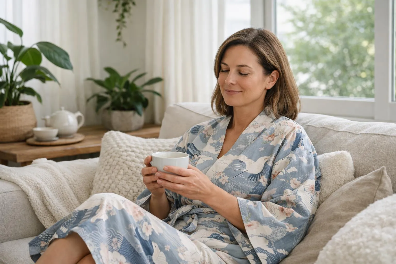 Femme décontractée buvant une boisson chaude dans un intérieur cosy.