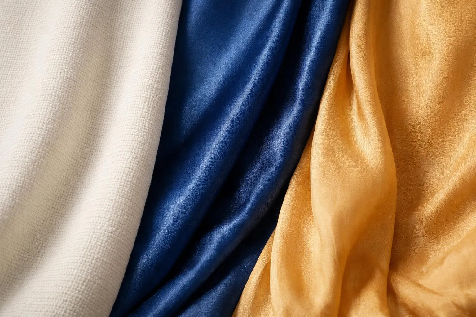 Texture et couleurs contrastées de tissus, bleu, blanc, jaune.