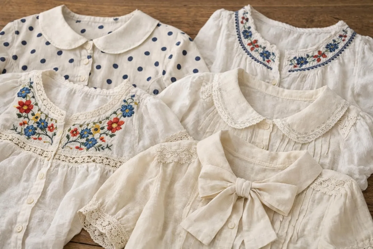 Flat lay composition of five different vintage-style cotton blouses showcasing distinct eras: polka dot rockabilly, embroidered bohemian, bow-tie secretary, Claudine collar, and peasant blouse with artisanal details on weathered wooden table
