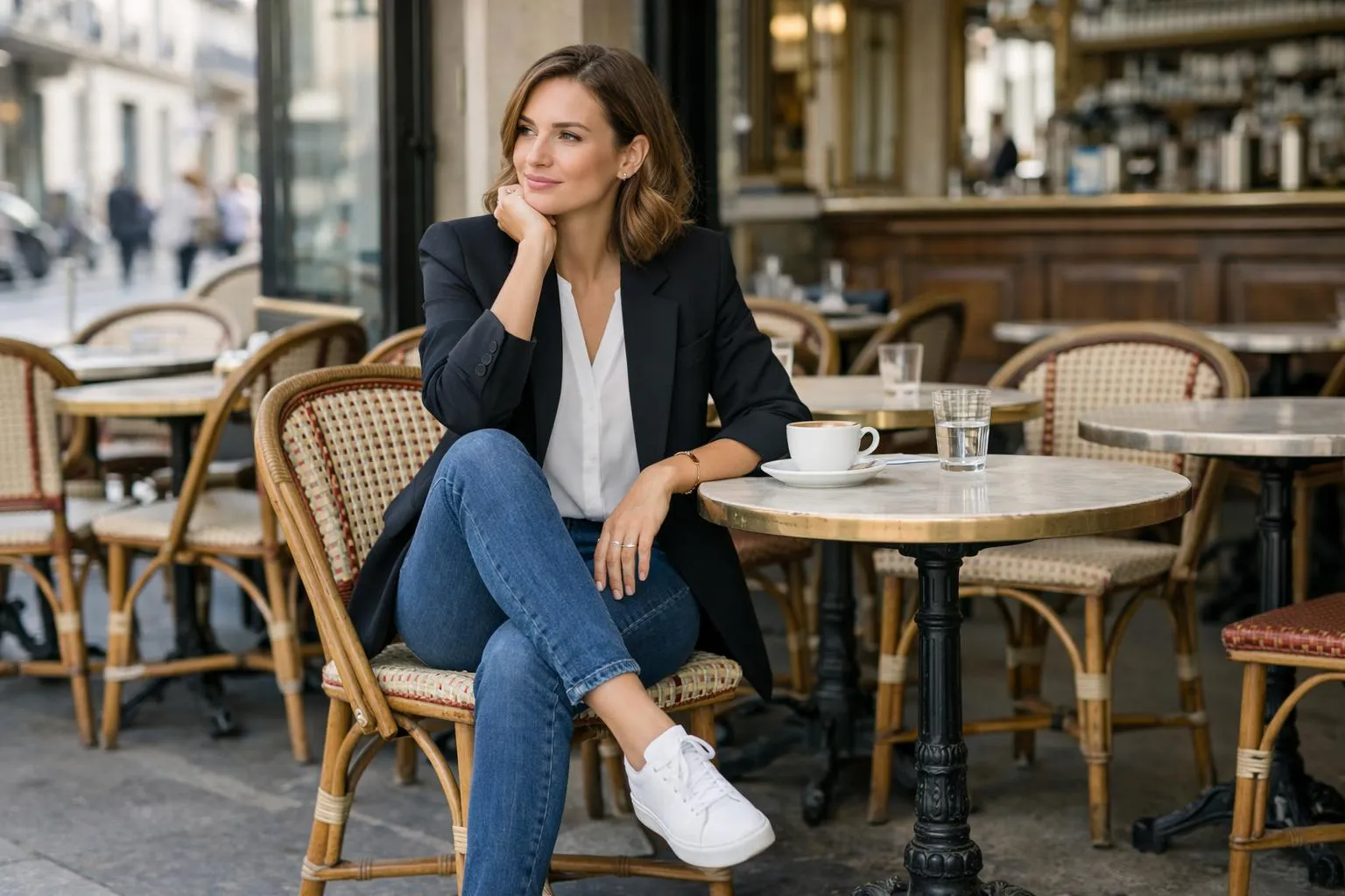 Femme élégante assise dans un café parisien.