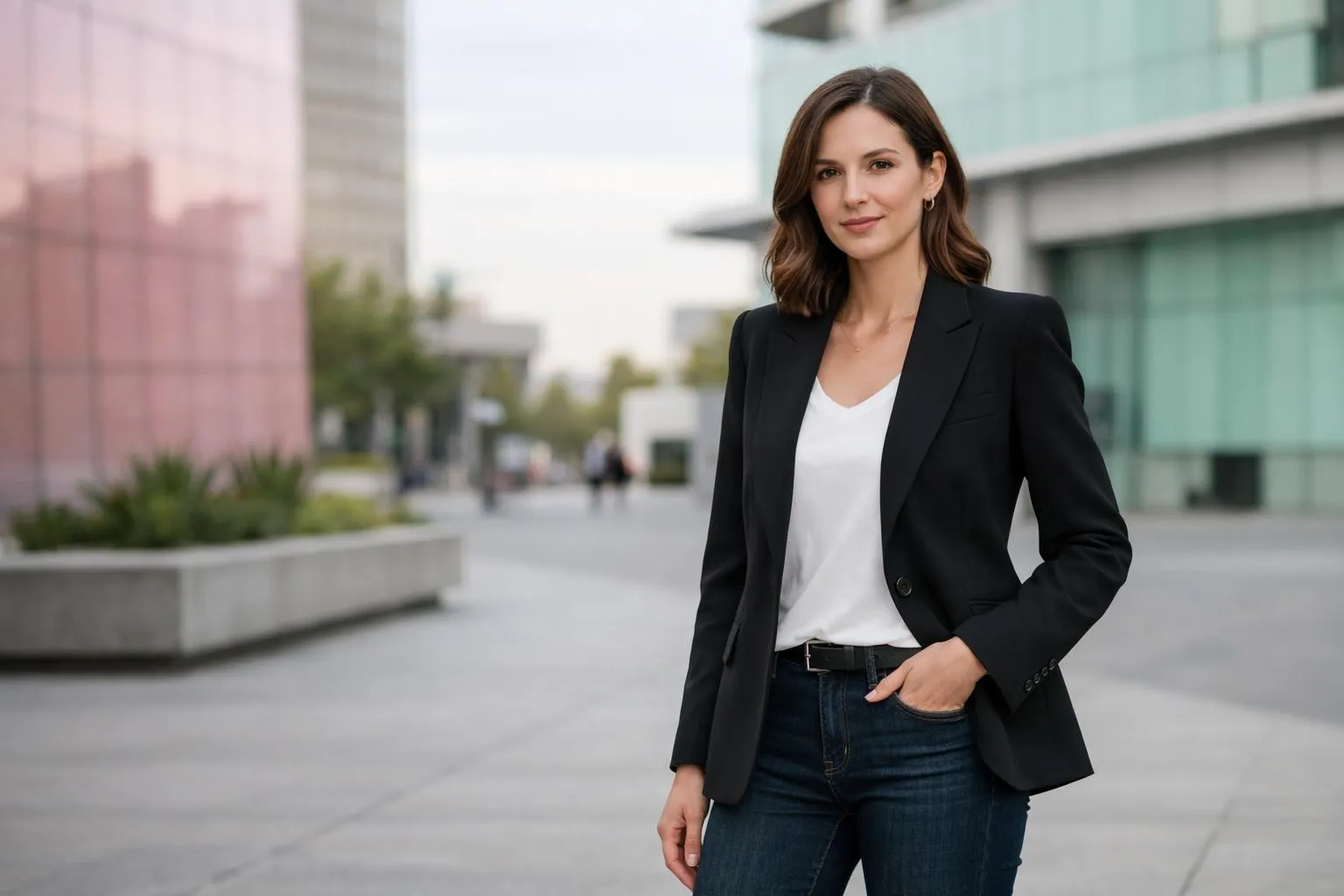 Femme élégante en costume noir, debout dans une ville moderne.