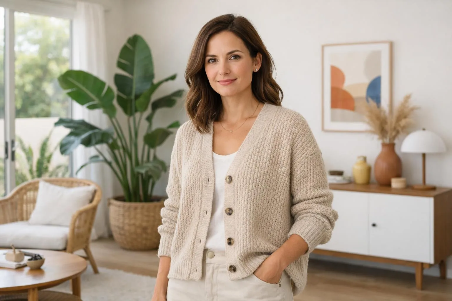 Femme souriante dans un intérieur moderne et lumineux.