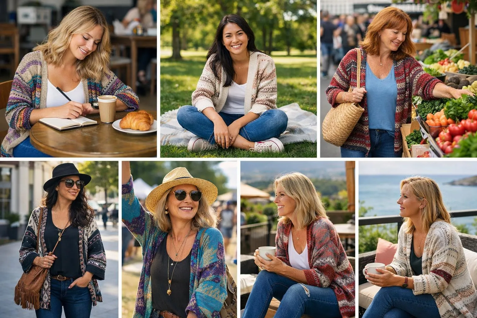 Femmes souriantes, vêtements colorés, activités de loisirs, nature, marché.