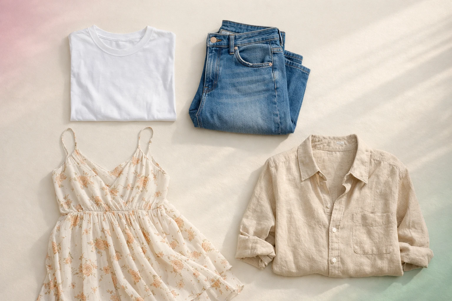 Disposition à plat d'éléments essentiels de la garde-robe californienne, dont un t-shirt blanc, un jean taille haute, une robe fluide et une chemise en lin, sur un fond crème avec un éclairage naturel et un style minimaliste.