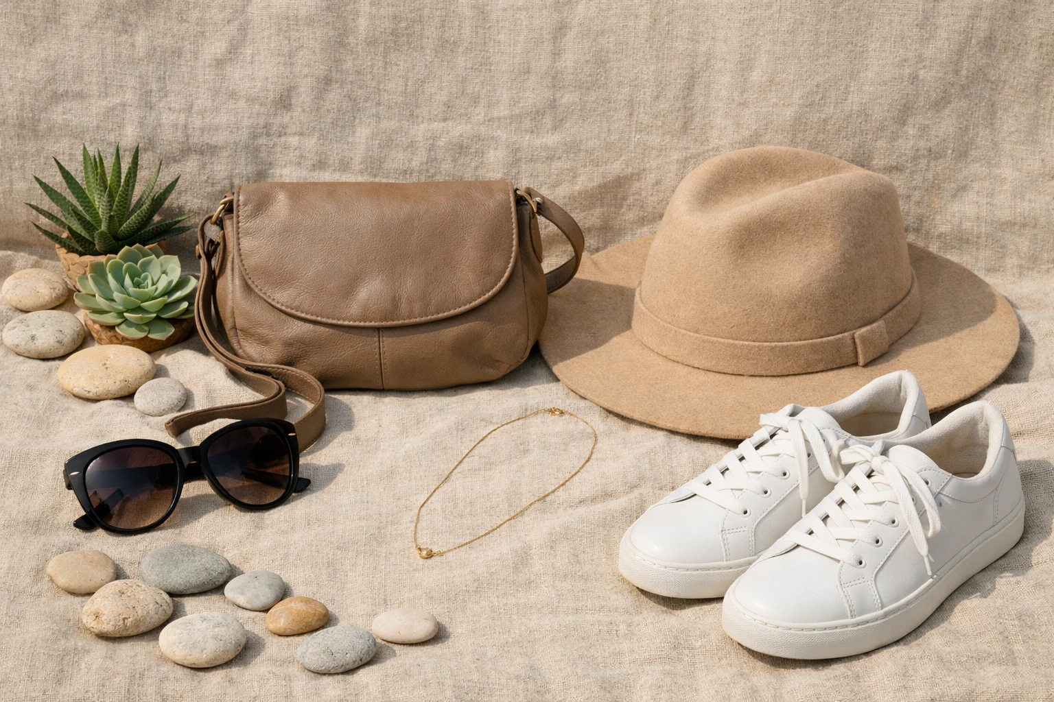 Composition à plat sur lin beige avec accessoires californiens : lunettes de soleil surdimensionnées, sac bandoulière en cuir, chapeau en feutre, collier doré, baskets blanches, plante succulente.