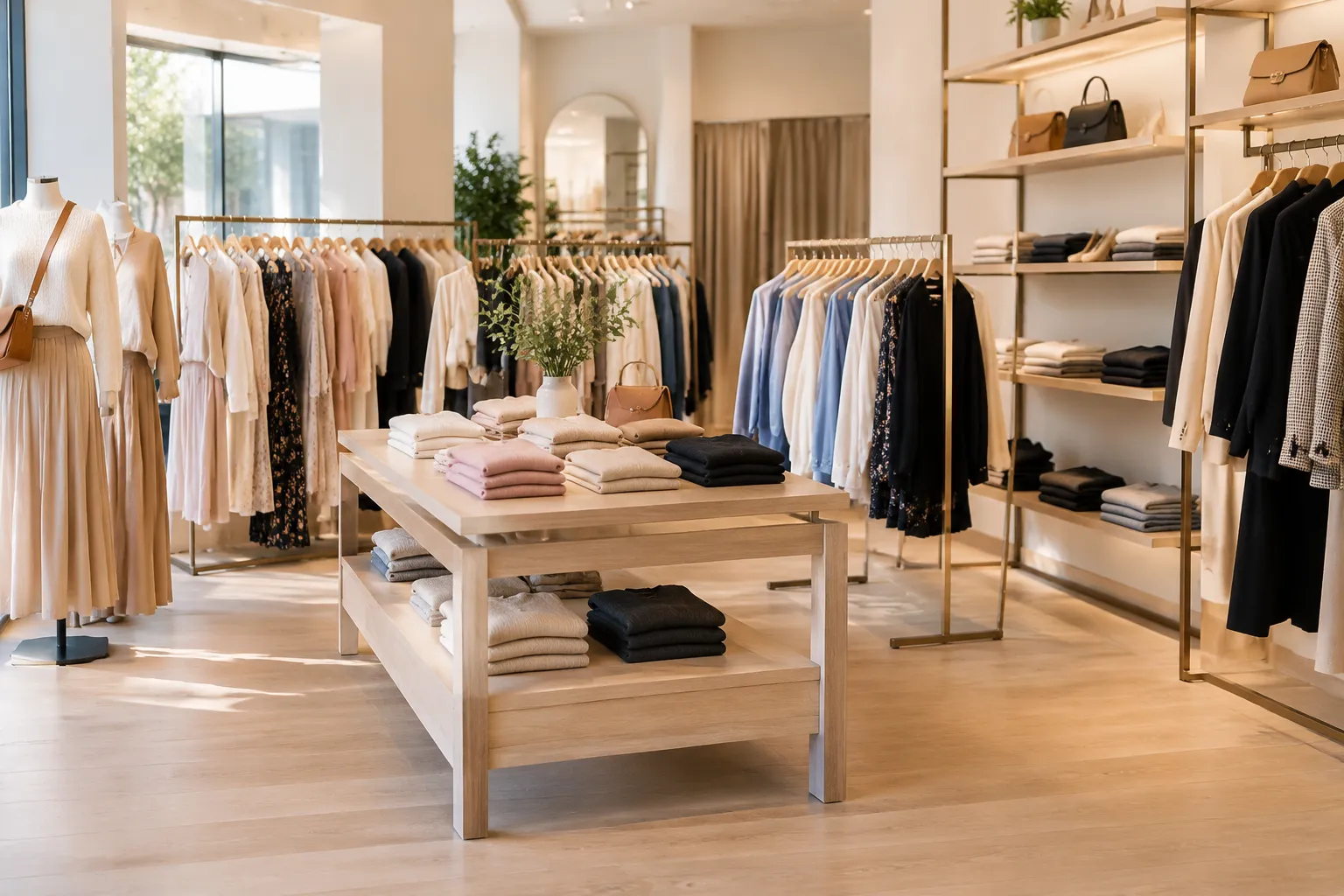 Boutique de vêtements élégante avec des rayons de vêtements et accessoires.