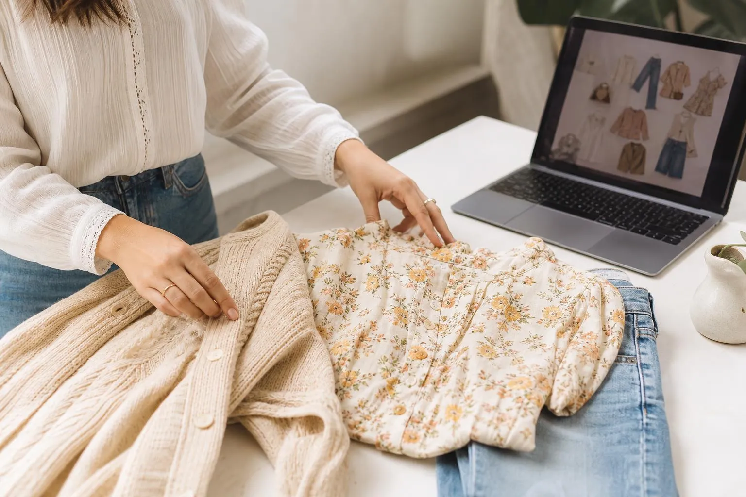 Femme examinant des vêtements fleuris sur un ordinateur portable.