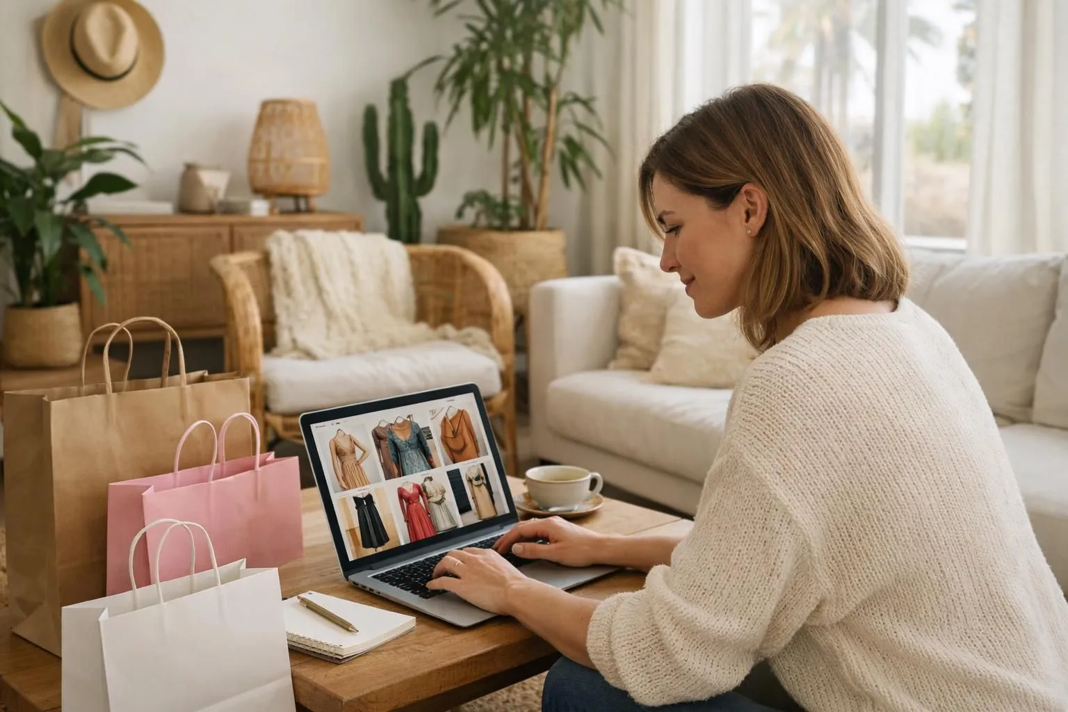 Woman in her 30s browsing vintage clothing items on laptop screen in bright contemporary living room with plants, warm natural window lighting, California-inspired interior, shopping bags nearby, cozy feminine workspace atmosphere