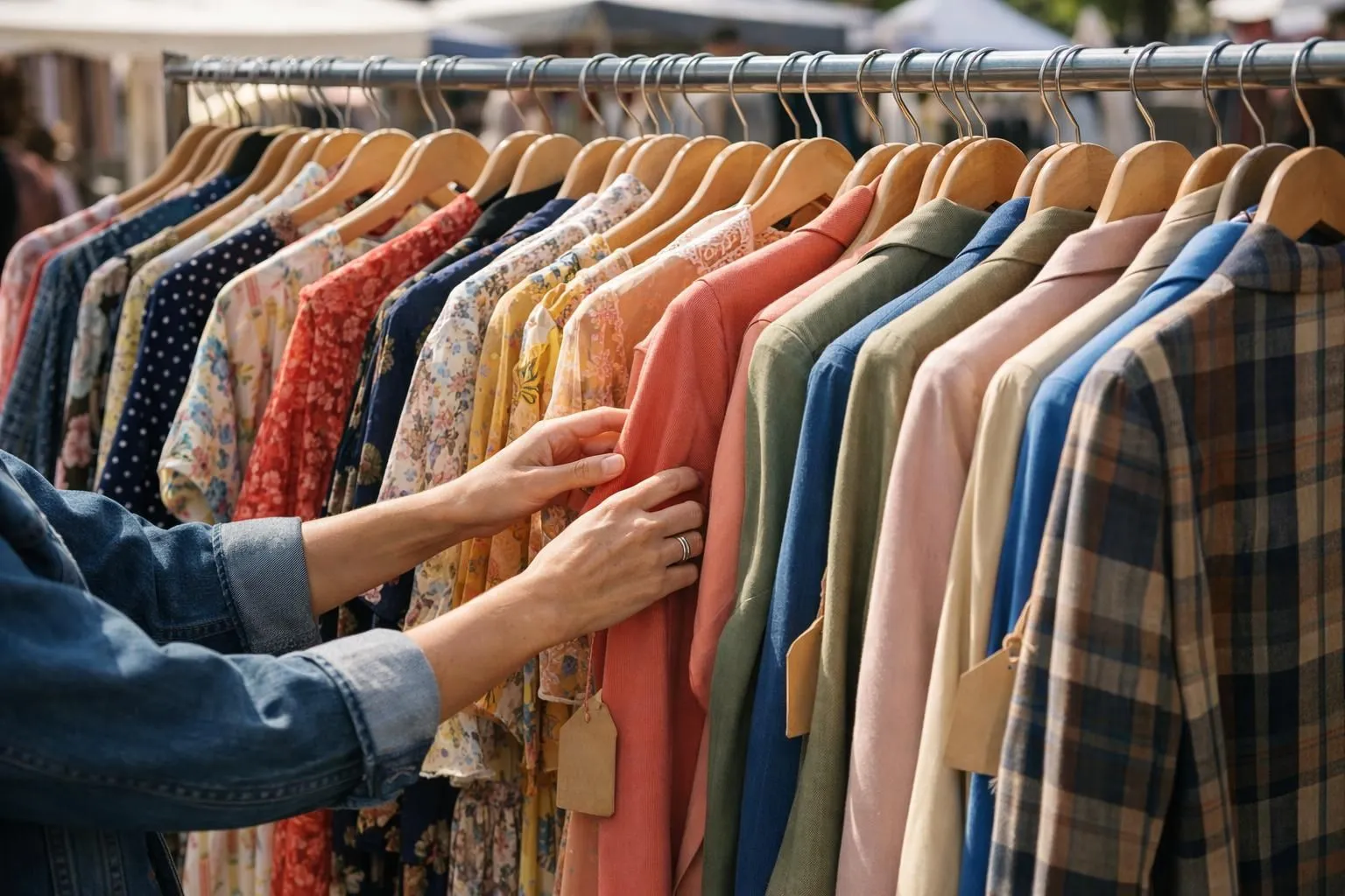 Hands sorting through rack of colorful vintage dresses and blazers at outdoor flea market, sunlight filtering through fabrics, authentic vintage aesthetic with price tags visible, Women's Fashion E-commerce context