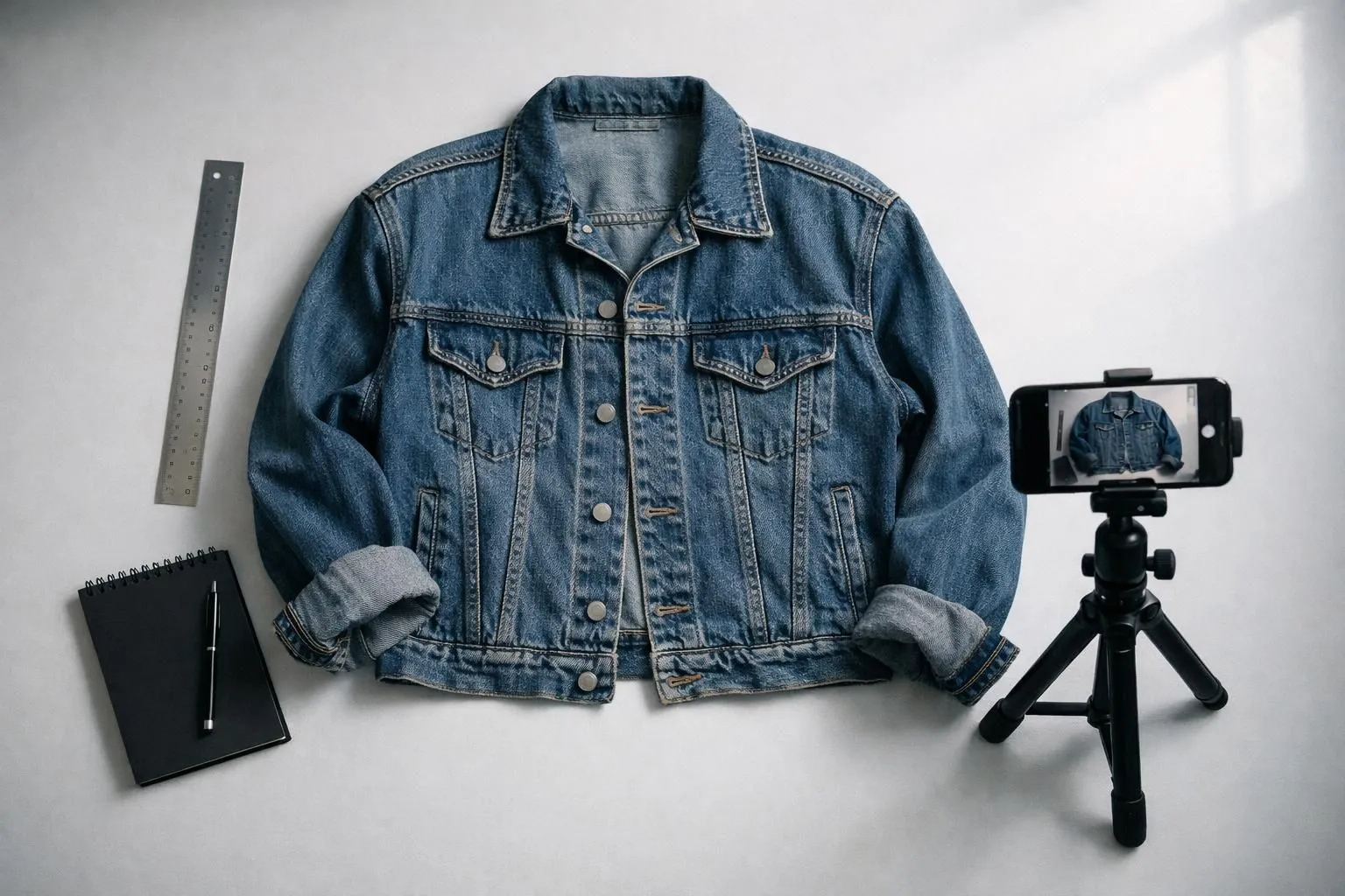 Smartphone on tripod photographing vintage 1980s denim jacket laid flat on white backdrop near bright window, with measuring tape and notepad beside showing product photography setup for online vintage clothing sales