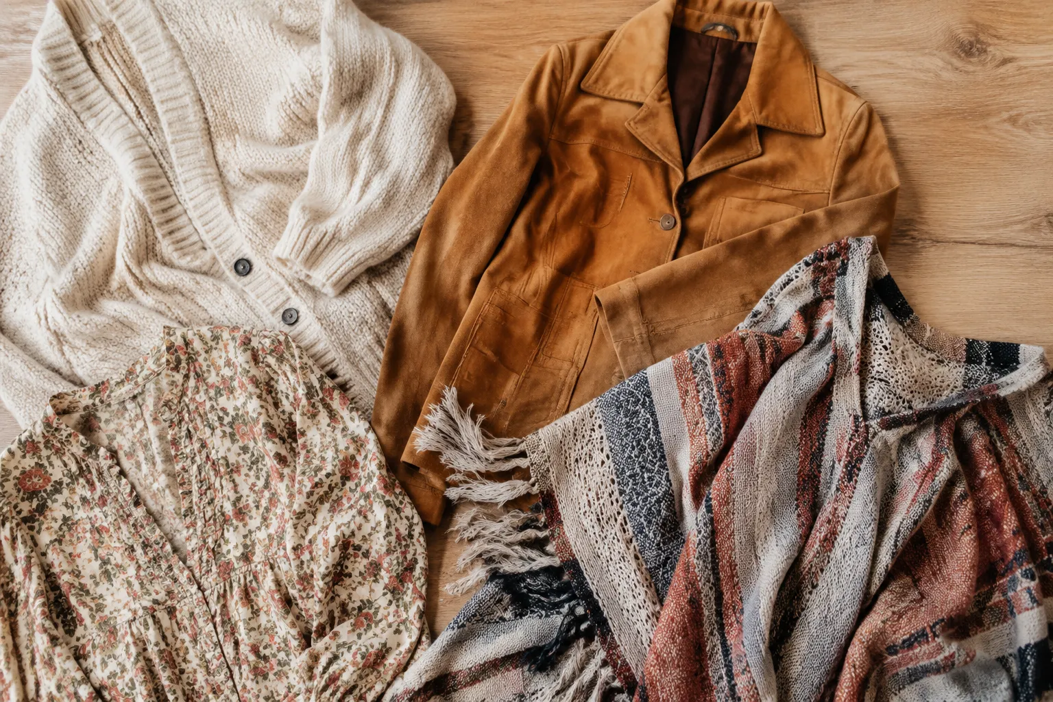 Vêtements d'automne: pull en maille, veste en daim, écharpe à motifs.