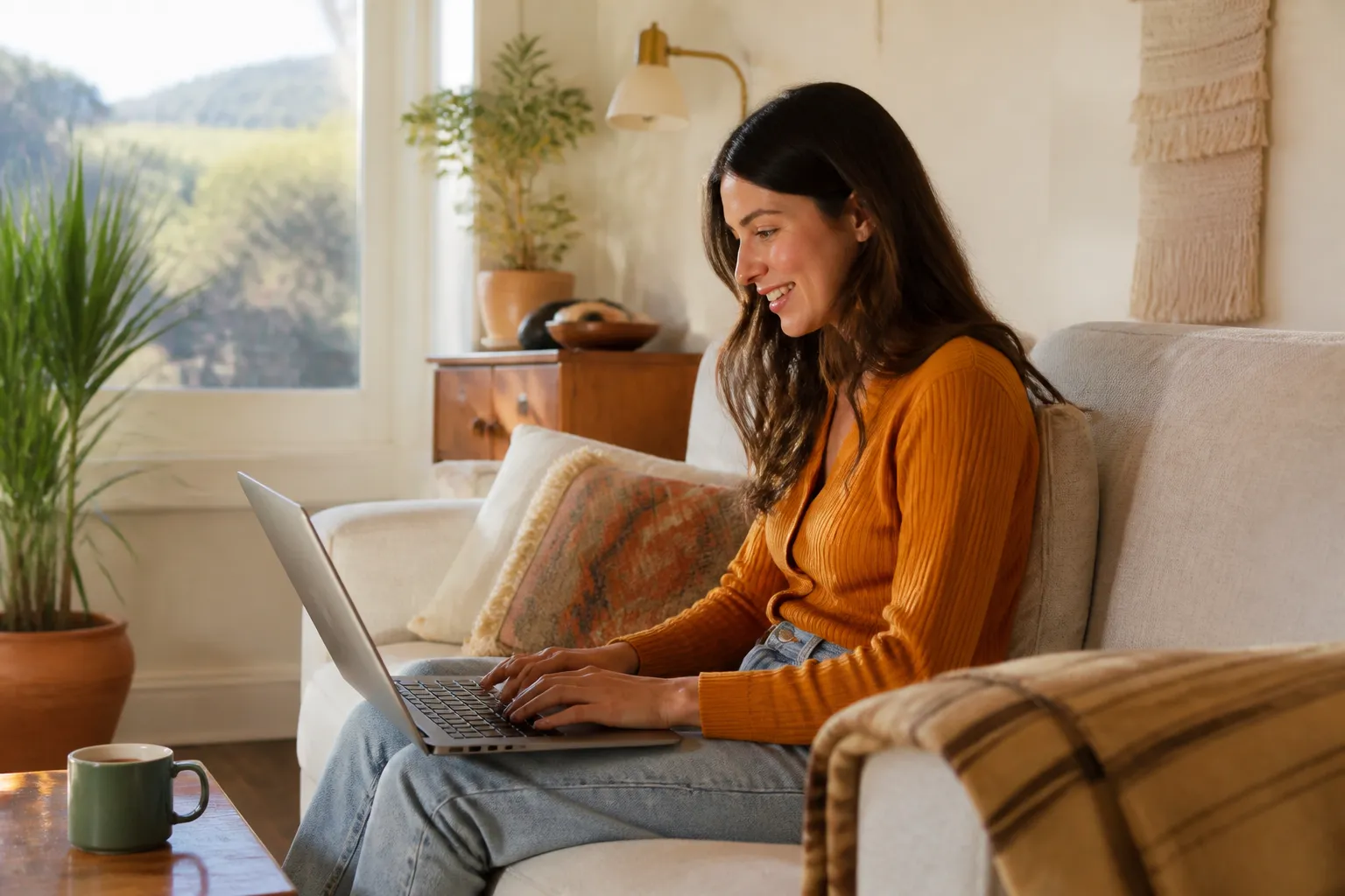 Femme souriante utilisant un ordinateur portable dans un intérieur confortable.