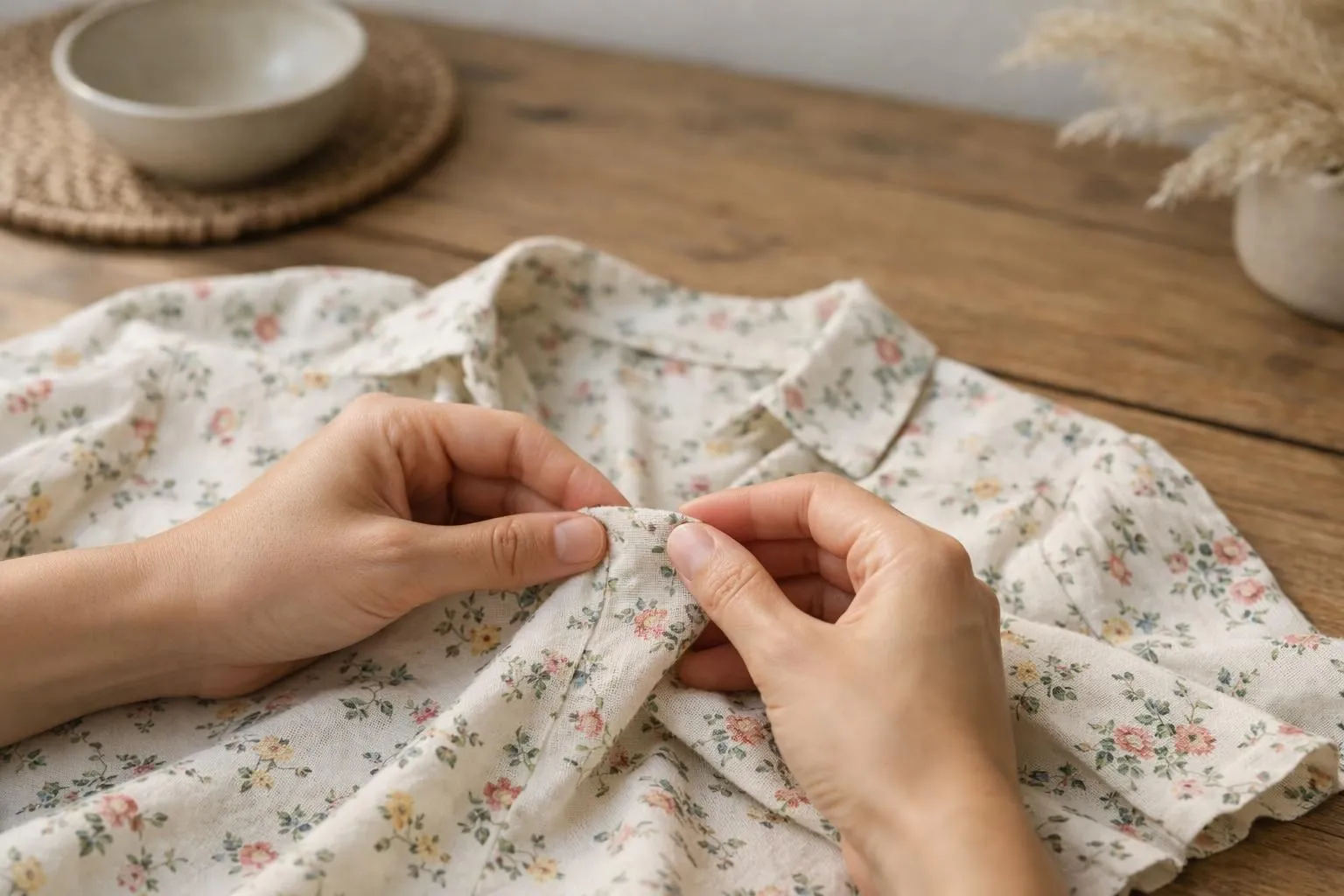 Close-up of hands gently examining the delicate seam of a vintage floral blouse on a wooden table, soft afternoon light highlighting fabric texture, minimal California-inspired aesthetic with natural materials visible