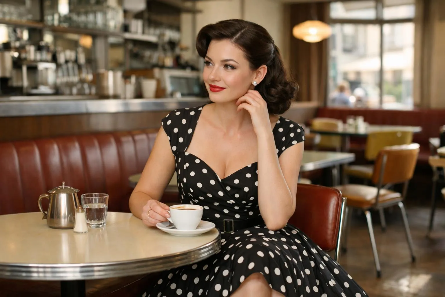 Femme élégante en robe à pois, buvant une tasse de café dans un café.