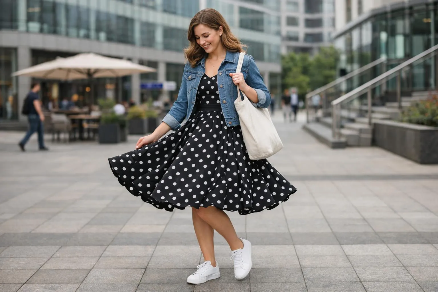 Jeune femme souriante en robe à pois noirs et blancs, veste en jean, sac à main blanc, chaussures blanches.