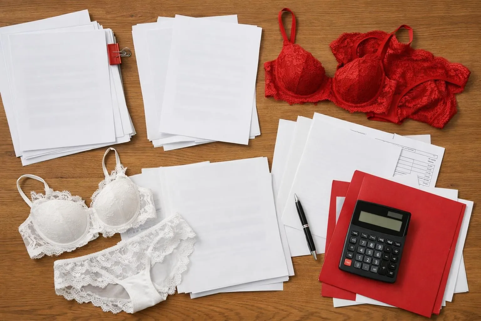 Business professional reviewing supplier contract documents with calculator and pricing sheets spread on wooden desk, confidential commercial agreements visible, realistic office environment for French lingerie wholesale industry