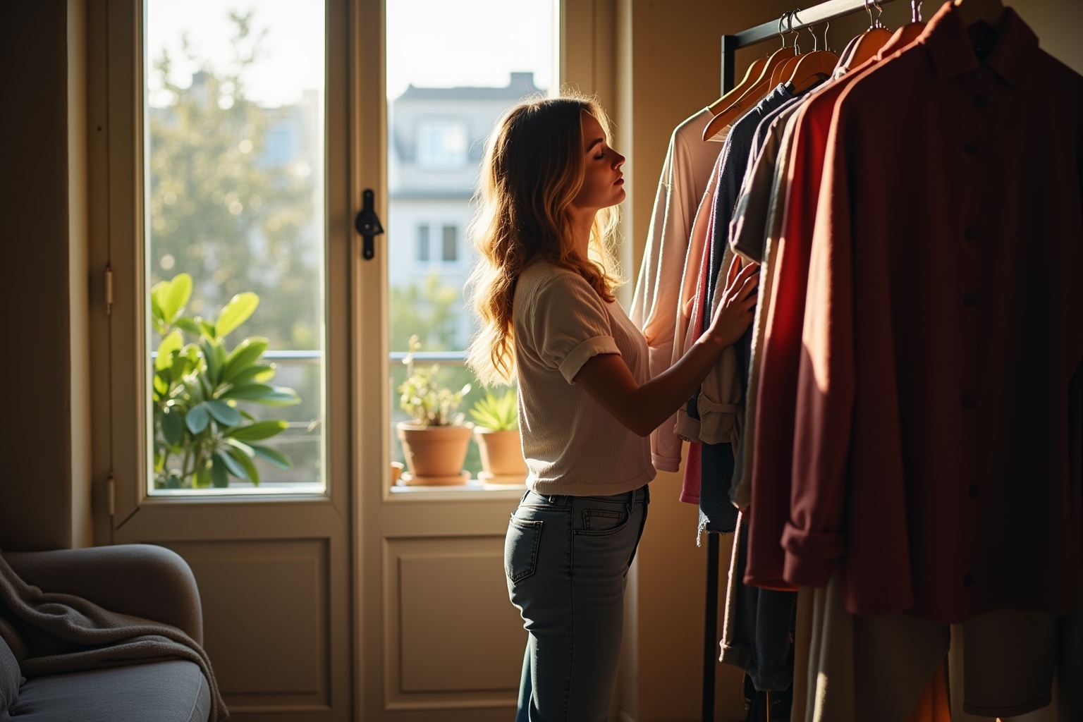 Femme choisissant des vêtements devant une fenêtre ensoleillée.