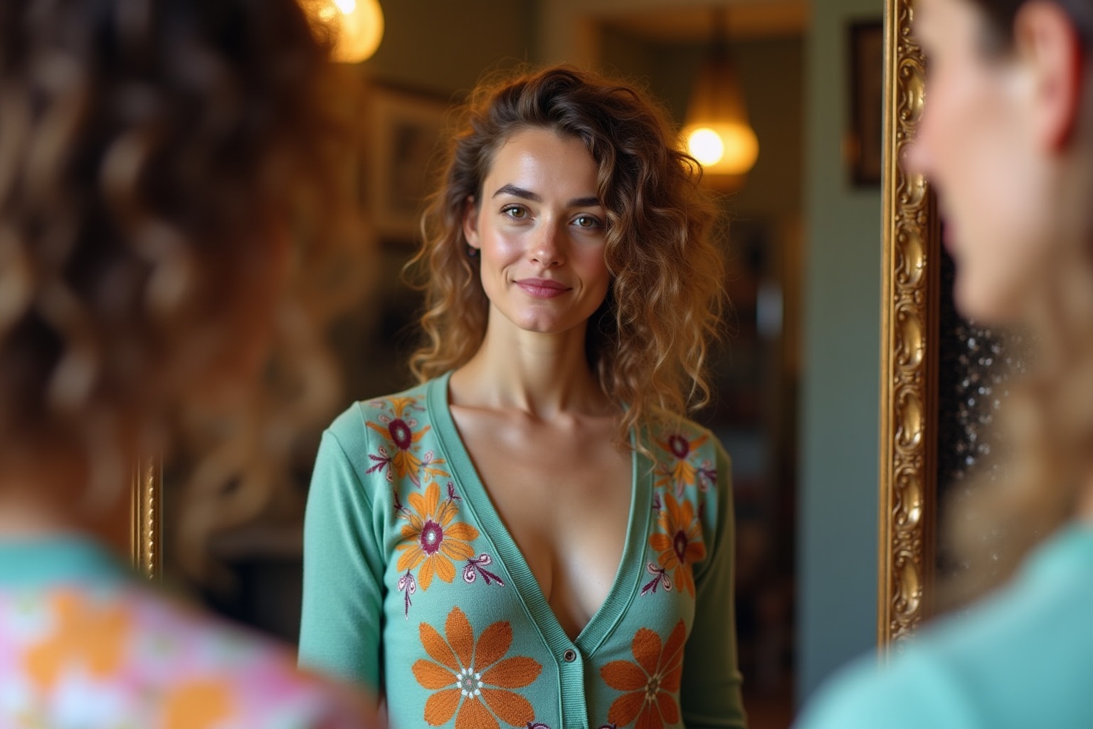 Femme aux cheveux bouclés portant un cardigan fleuri vert.