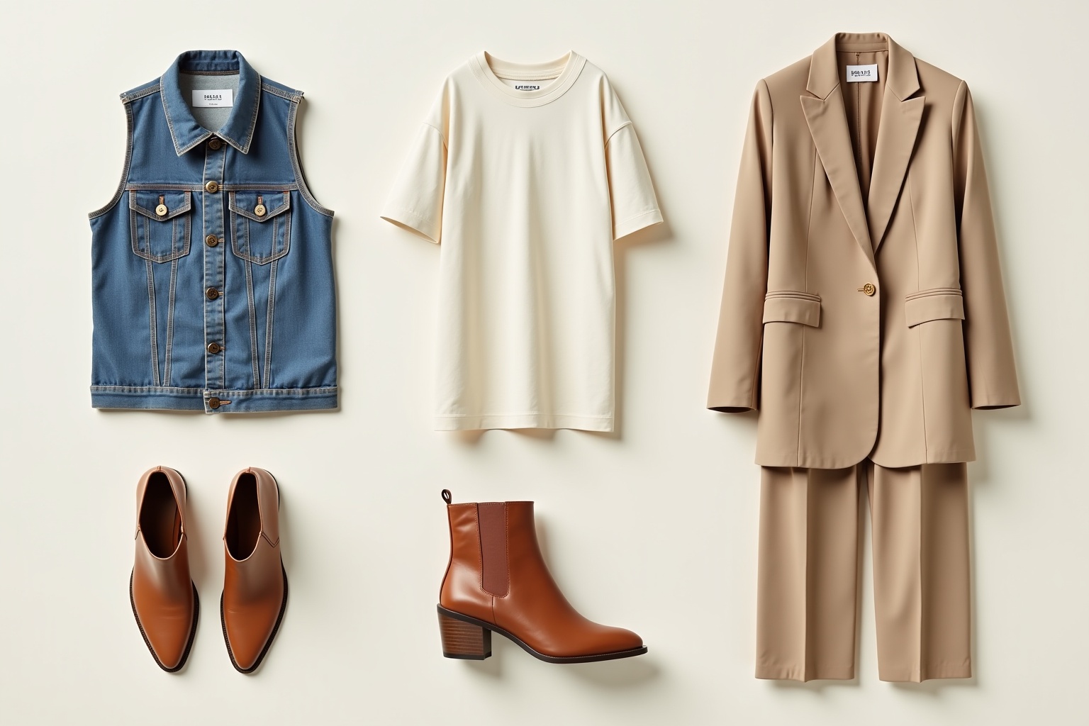 Veste en jean, t-shirt blanc, manteau beige, bottines en cuir.