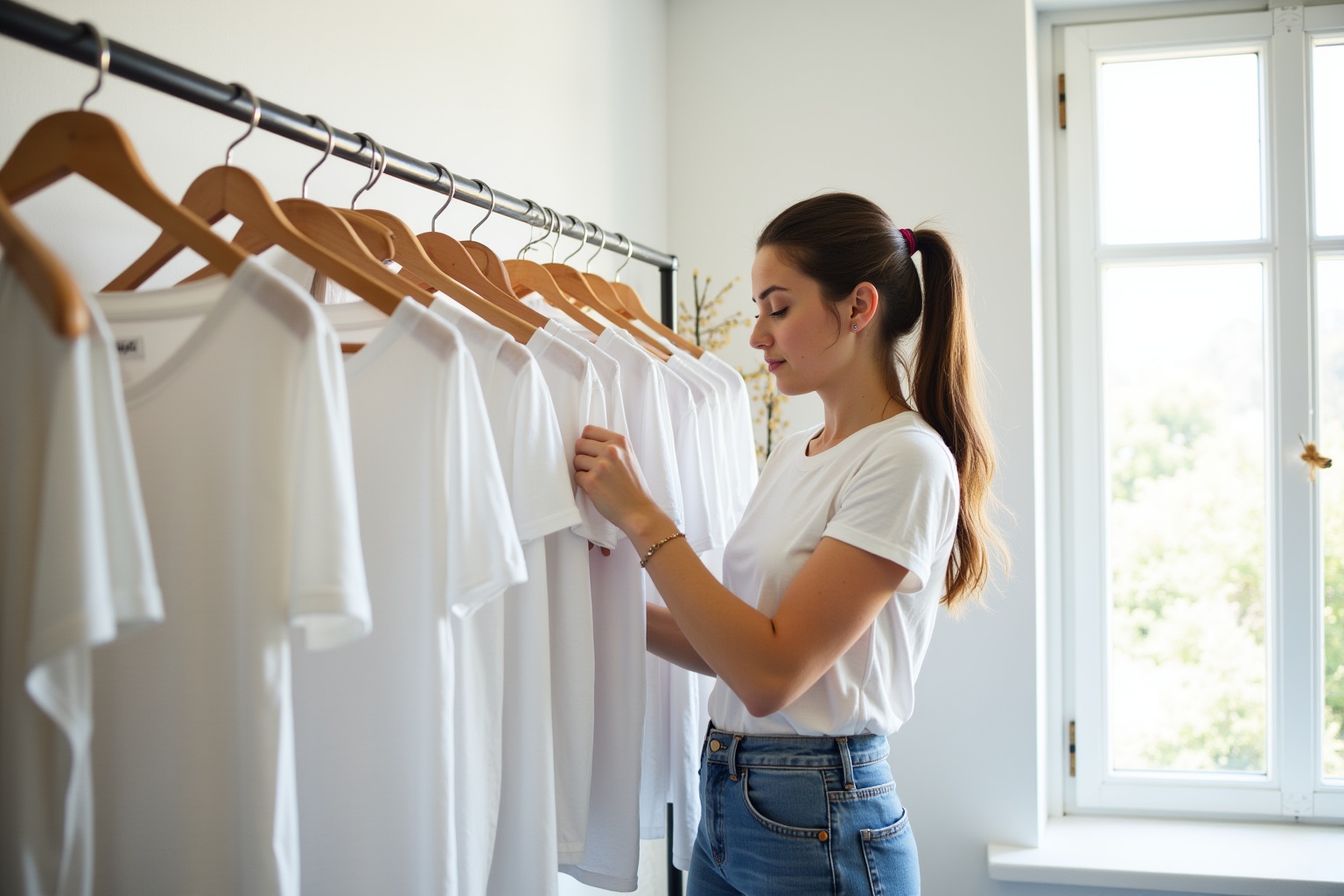 Jeune femme examinant des vêtements blancs sur un portant.